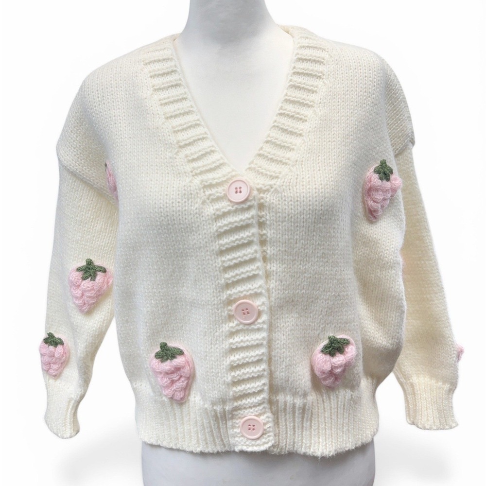 Cream Knit Cropped Cardigan Size M 3D Pink Crochet Strawberry V-Neck Cottage